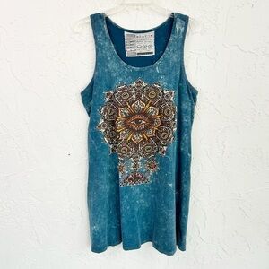 Blue Tie Dye Mandala Eye Boho Hippie Sleeves Racerback Tank Top Mini Dress XL